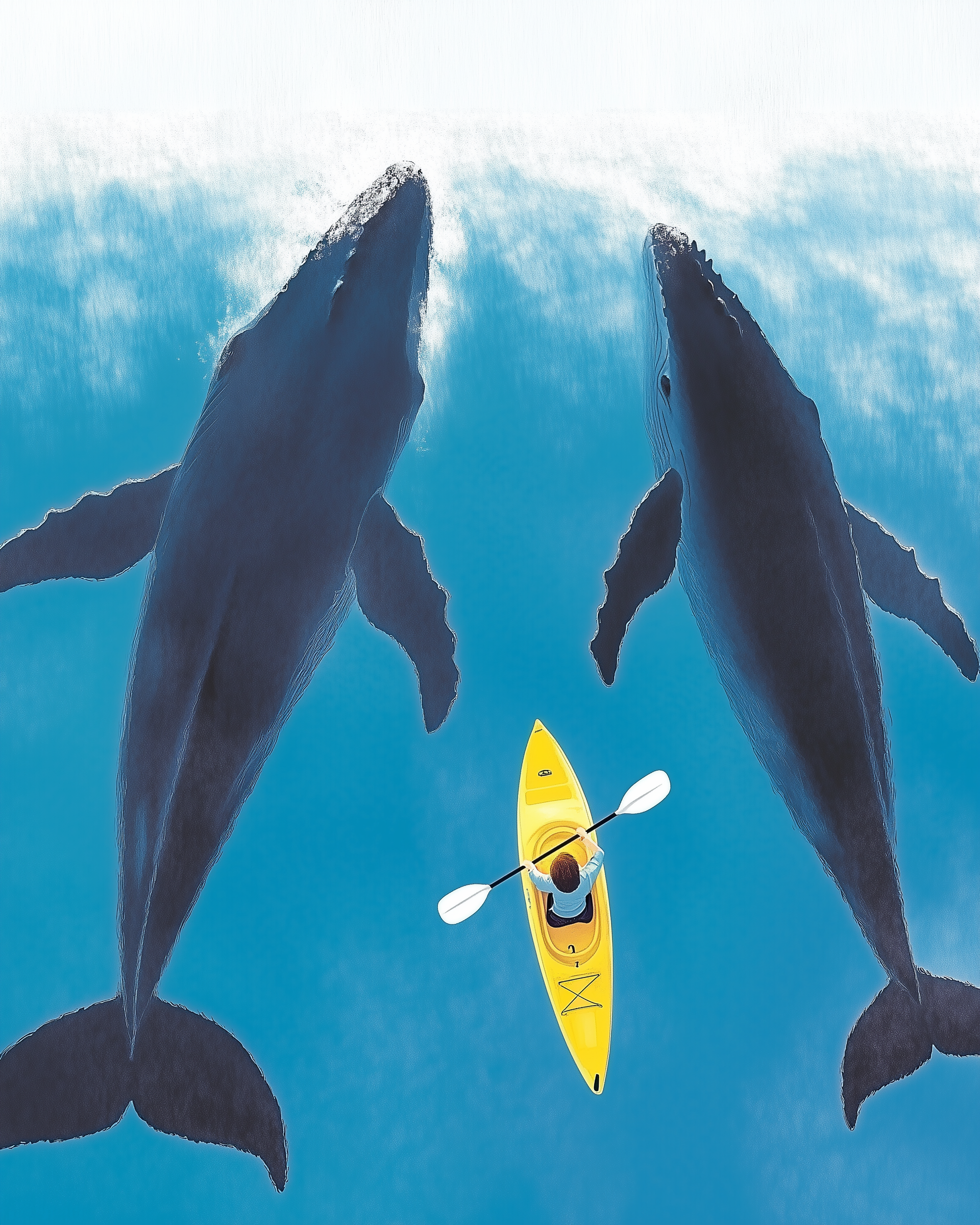 A person in a yellow kayak paddles between two large whales in clear blue water, creating a striking contrast between the small kayak and the massive creatures.