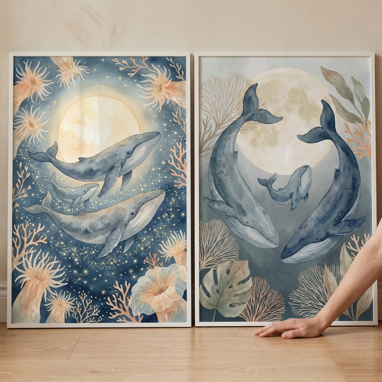 Two rectangular framed art pieces rest on a light wood floor. The left illustration shows whales swimming through a starry, deep-blue underwater scene with a large, luminous moon and orange-hued coral. The right illustration depicts three whales in a circular motion around a pale moon, surrounded by muted green botanical elements and sea life. A human hand reaches toward the bottom of the frame on the right side.