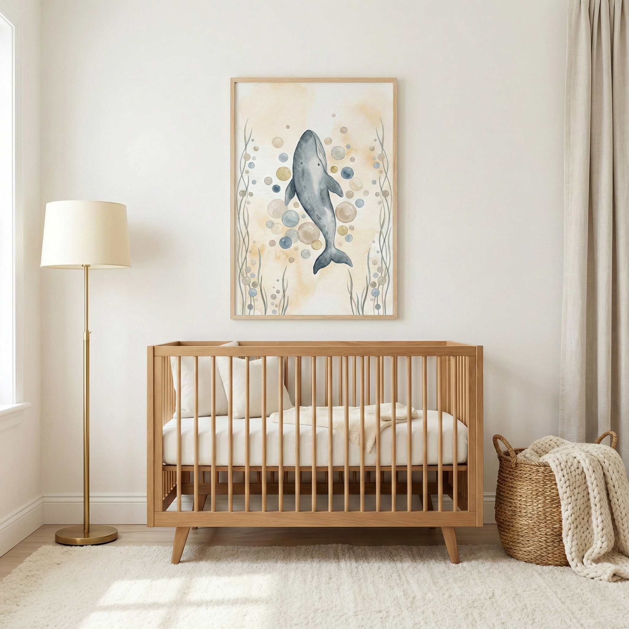 A serene, minimalist nursery features a light wood crib centered against a neutral wall. Above it hangs a large framed watercolor illustration of a whale swimming amidst bubbles and sea plants in soft blue and gold tones. To the left stands a slender brass floor lamp with a cream shade. On the right, a woven basket sits on a plush white rug, filled with a thick knit blanket. A soft white curtain hangs to the far right, adding to the room's calm and airy atmosphere.