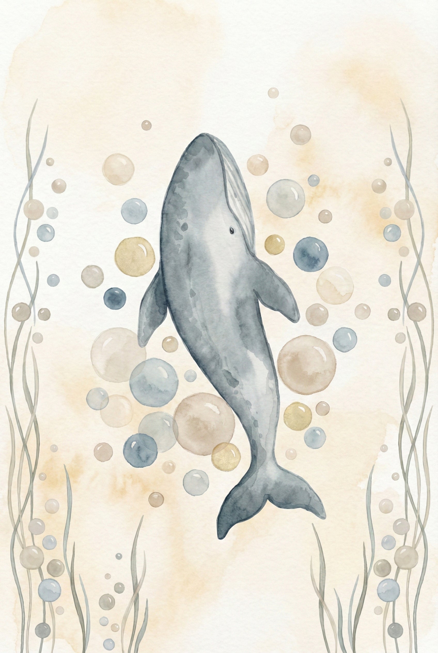 Illustration of a single whale floating vertically among bubbles of various sizes, surrounded by soft sea plants and a gentle beige and blue background.