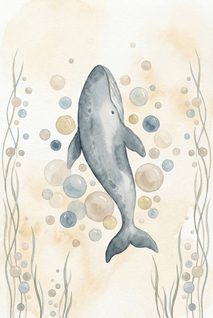 Illustration of a single whale floating vertically among bubbles of various sizes, surrounded by soft sea plants and a gentle beige and blue background.