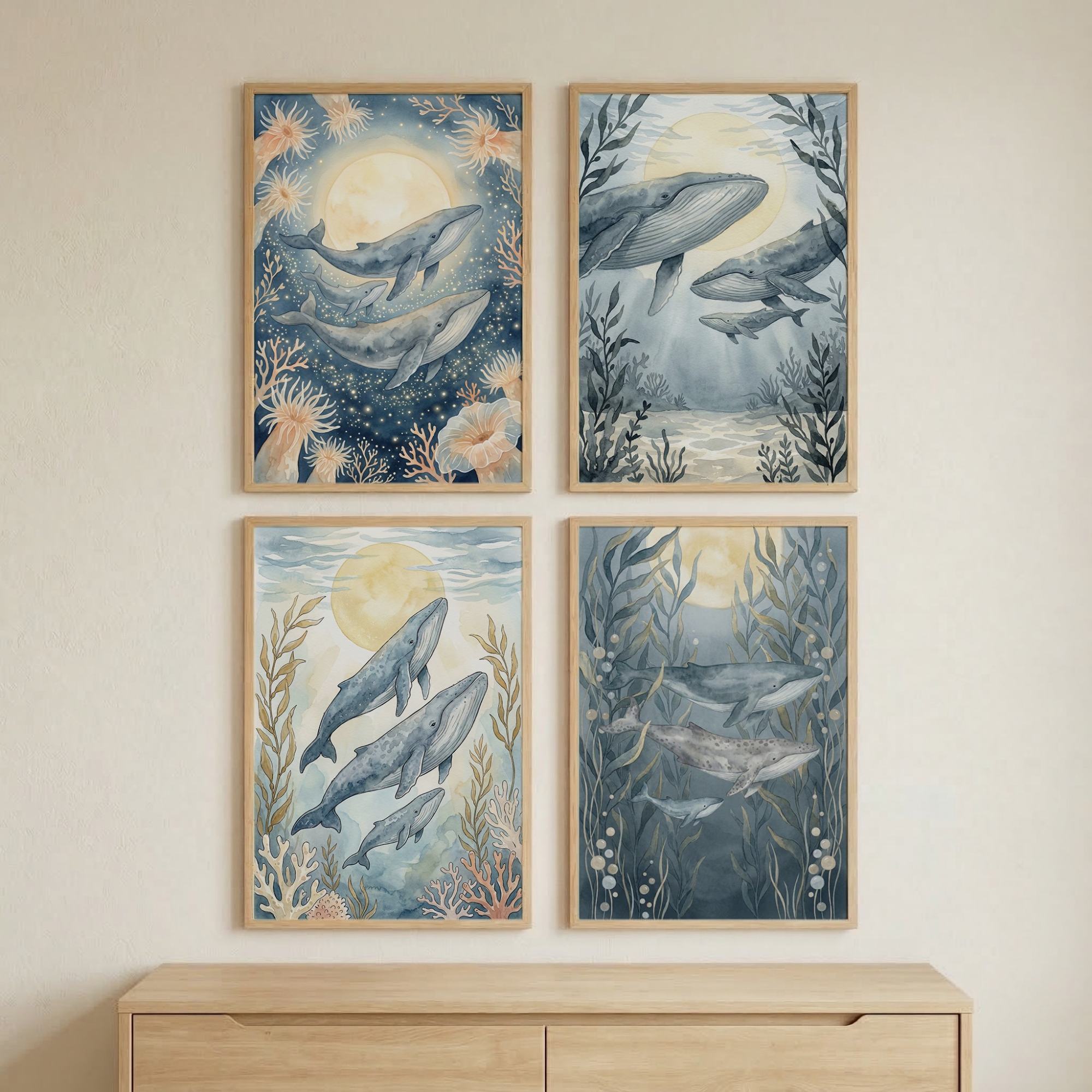 Whale Kids Room Wall Art Set of 4 - Deep Ocean Dreams
