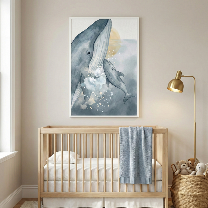 This image depicts a tranquil nursery room with a neutral-colored wall and light wood flooring. In the center is a natural wood crib with white linens and a small white pillow. A cozy, light blue knit blanket is draped over the side rail. 

