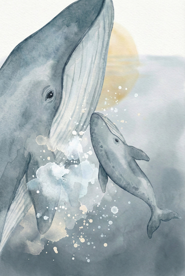 Close-up watercolor of a large whale and a calf swimming upward side by side with foamy splashes, both gazing at each other tenderly in a tranquil ocean scene.
