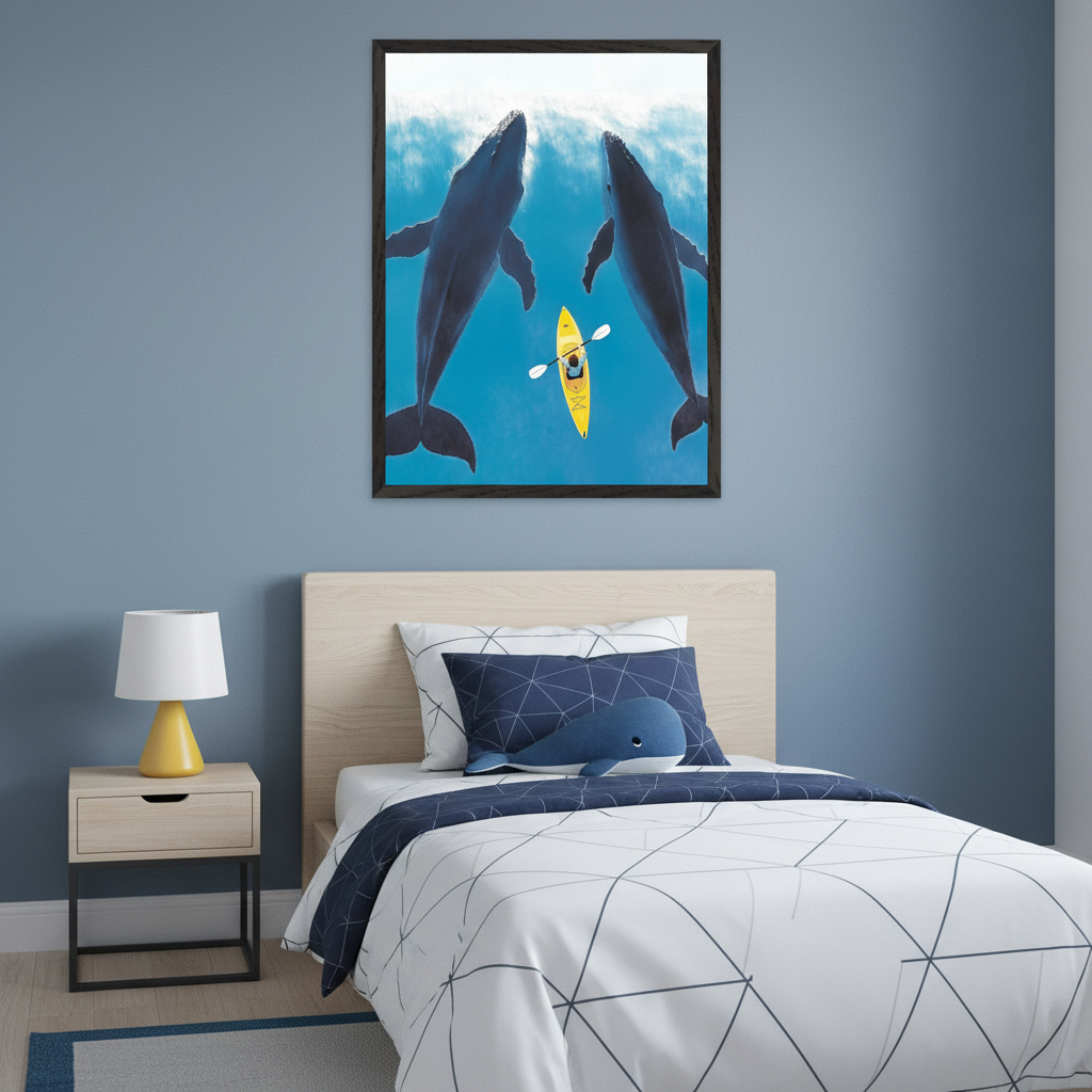 Modern kid's bedroom with a single bed, light wood nightstand, and yellow lamp. A large framed print showing two whales and a yellow kayak from an underwater perspective hangs centered above the bed on a blue wall.