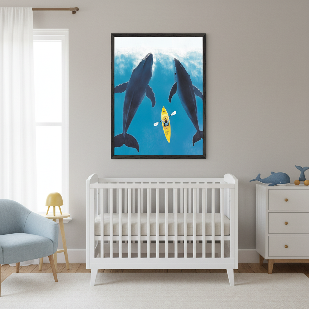 Modern nursery with a white crib, light blue armchair, and white dresser. A large framed print showing two whales and a person in a yellow kayak viewed from below hangs above the crib.
