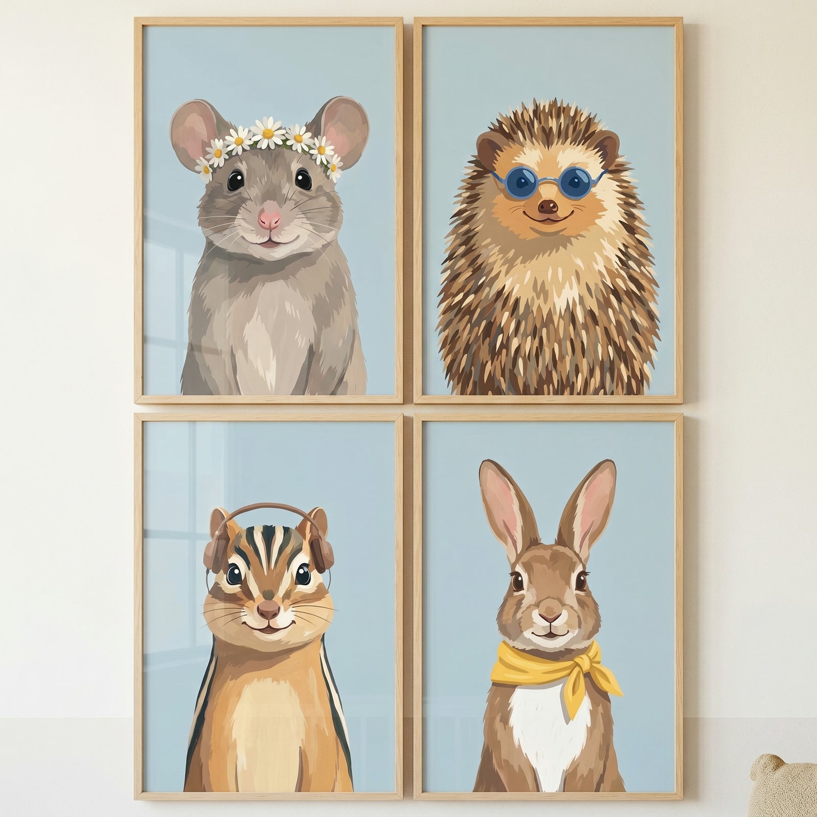 Whimsical accessorized forest animal wall art set of 4 with a mouse, hedgehog, chipmunk, and rabbit in light wood frames.