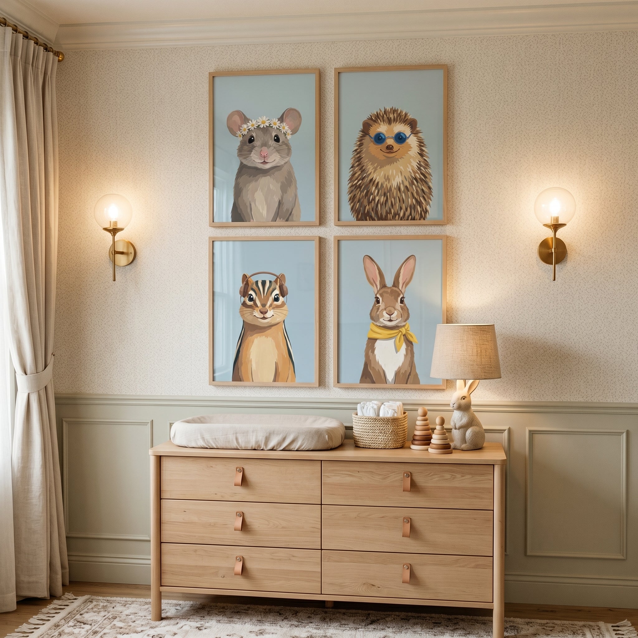 Whimsical Accessorized Forest Animal Wall Art Set of 4 - Stylish Woodland Friends