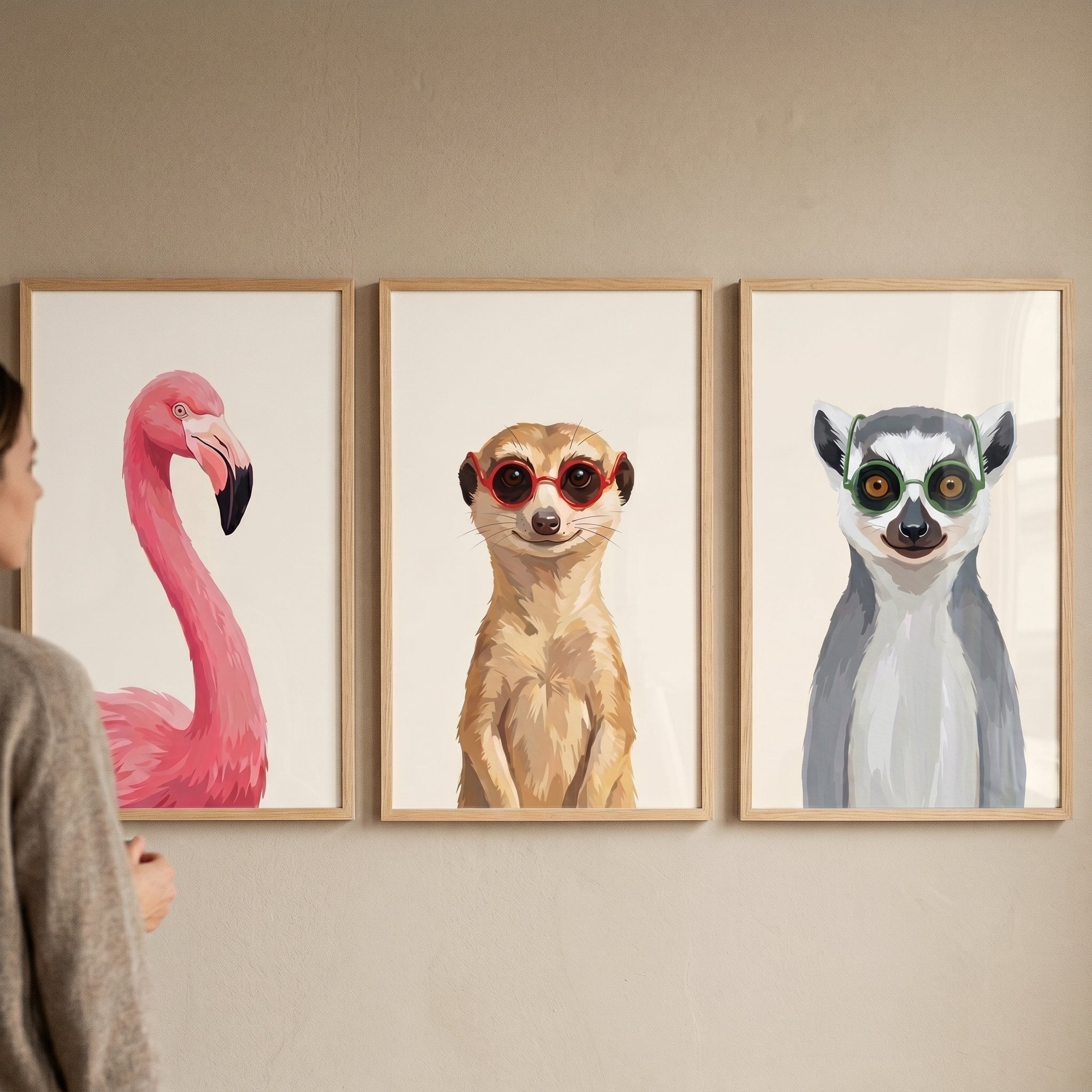 Whimsical Accessorized Safari Animal Wall Art Set of 3 - Quirky Animal Crew