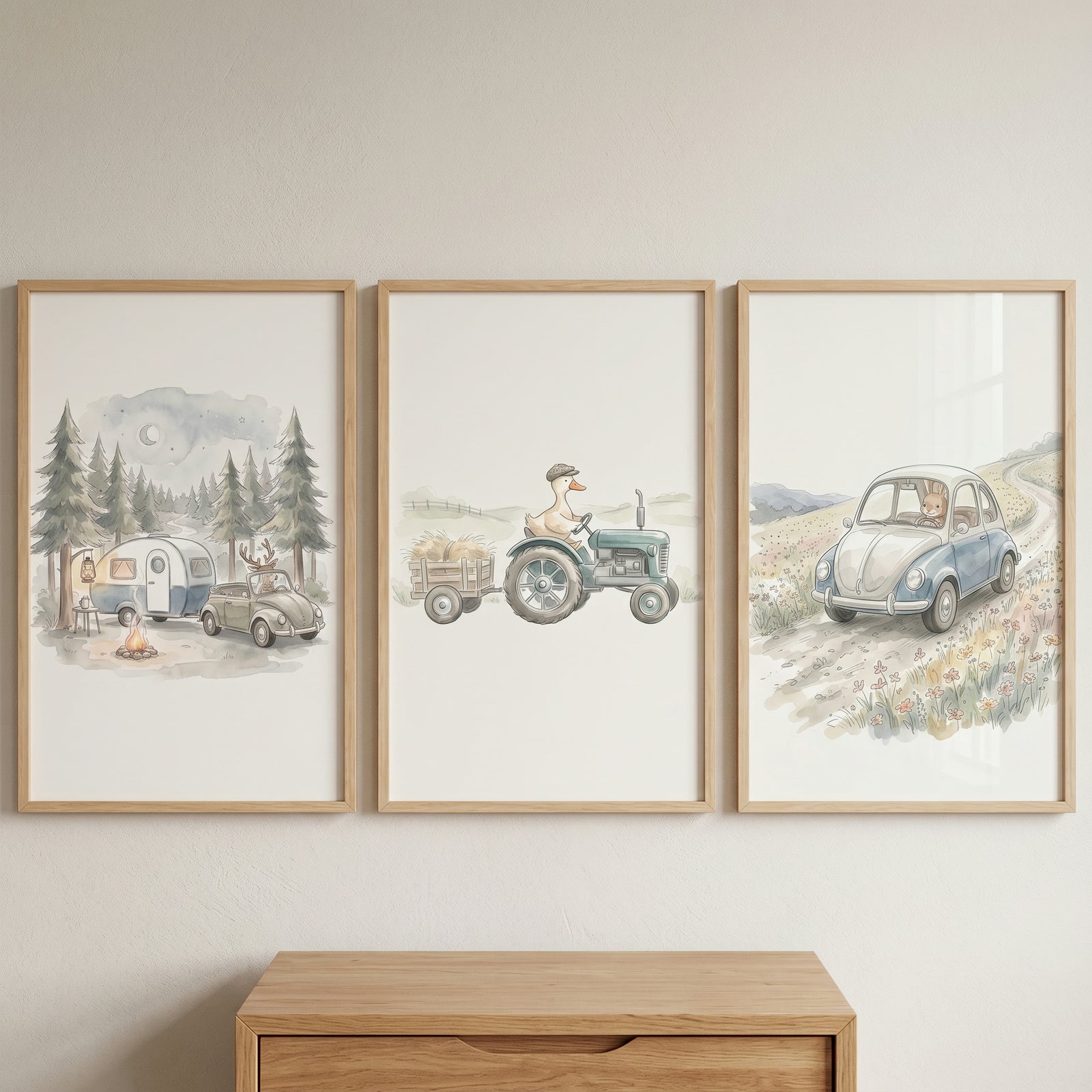 Whimsical adventure driving animals wall art set of 3 features a deer, duck, and rabbit in vintage watercolor vehicles.