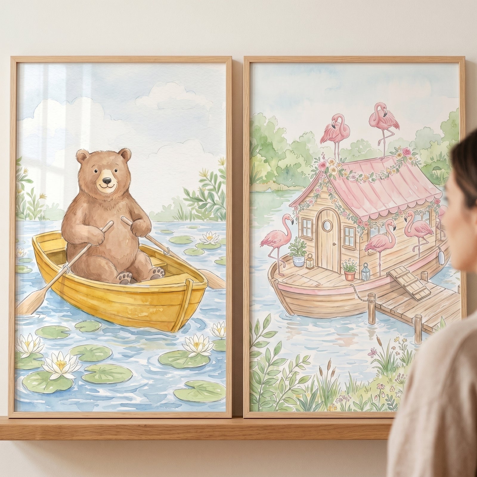 Whimsical animal boat wall art set of 2 shows a bear in a yellow boat and flamingos on a pink-roofed houseboat.
