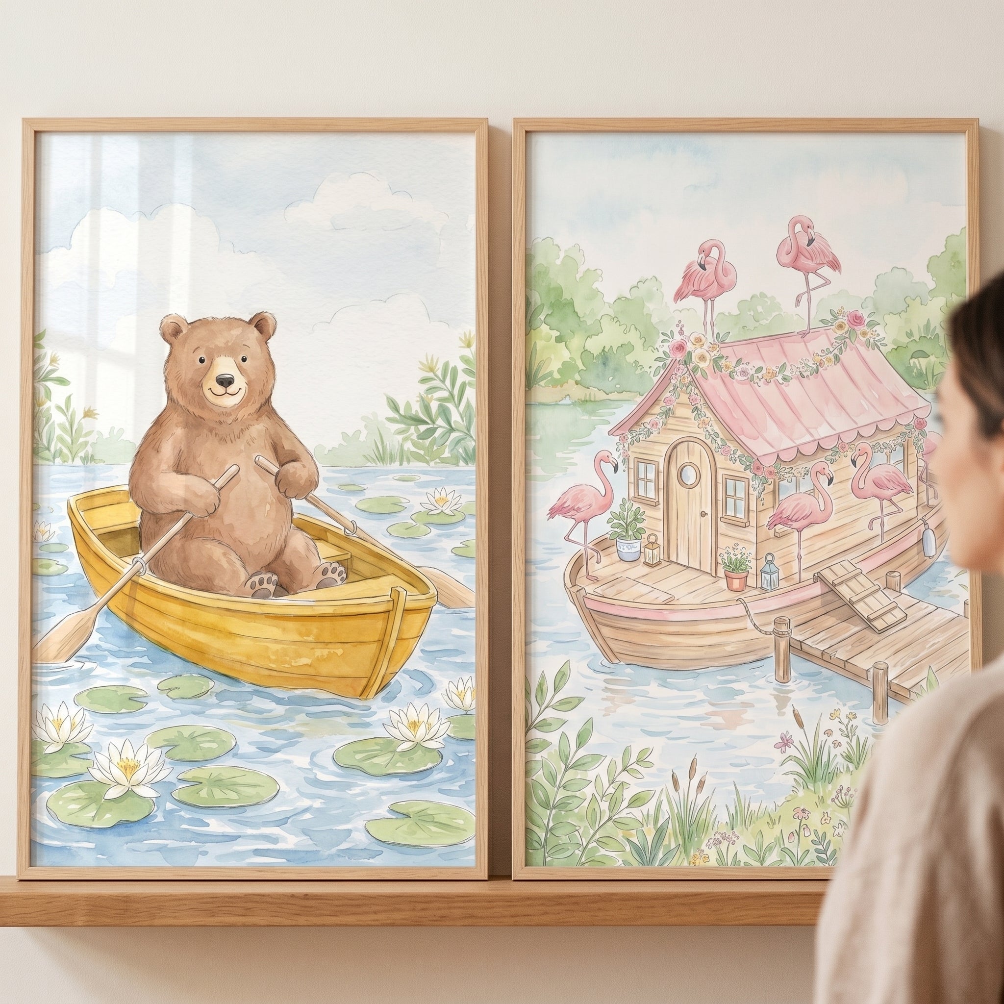 Whimsical Animal Boat Wall Art Set of 2 - Serene Lake Life