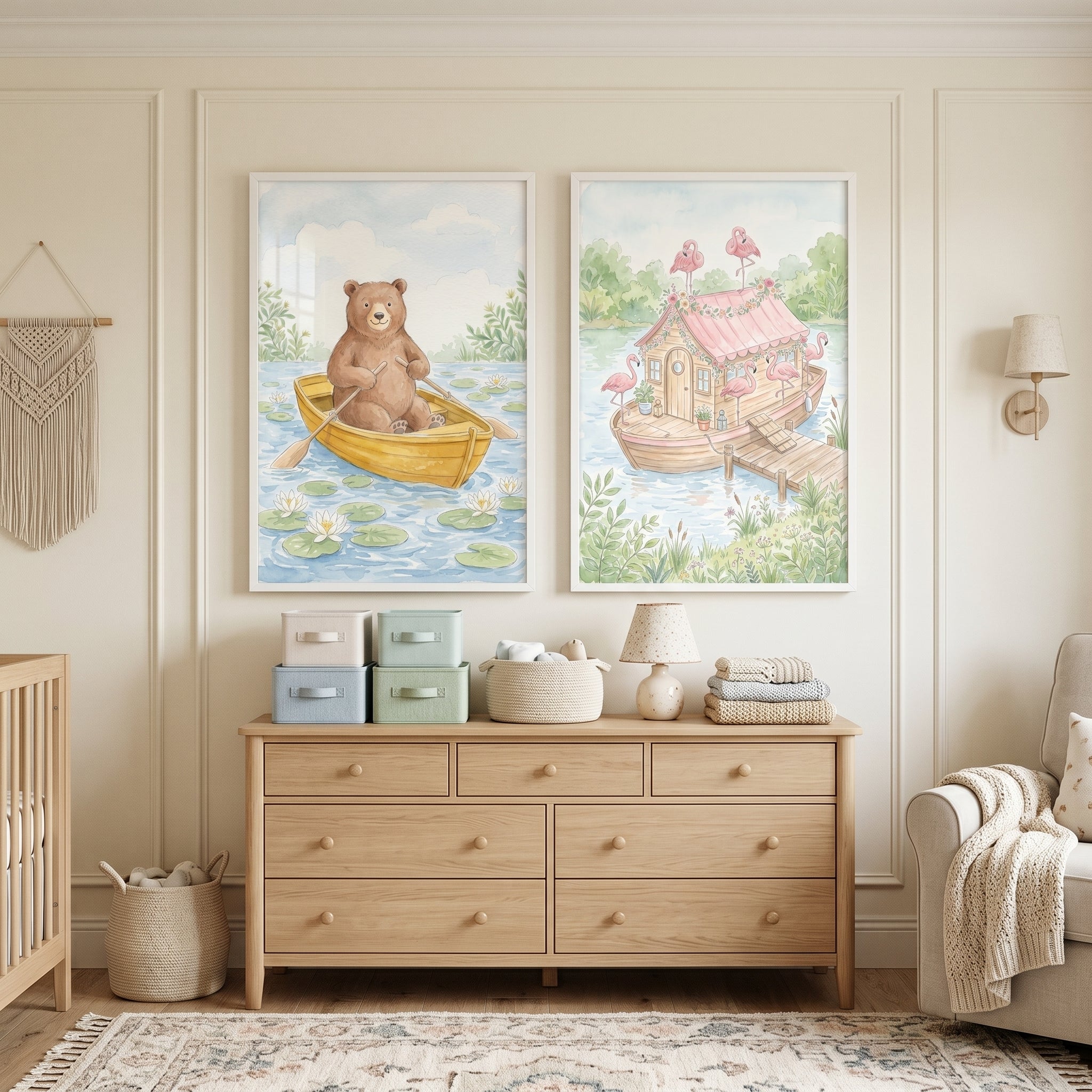 Whimsical Animal Boat Wall Art Set of 2 - Serene Lake Life