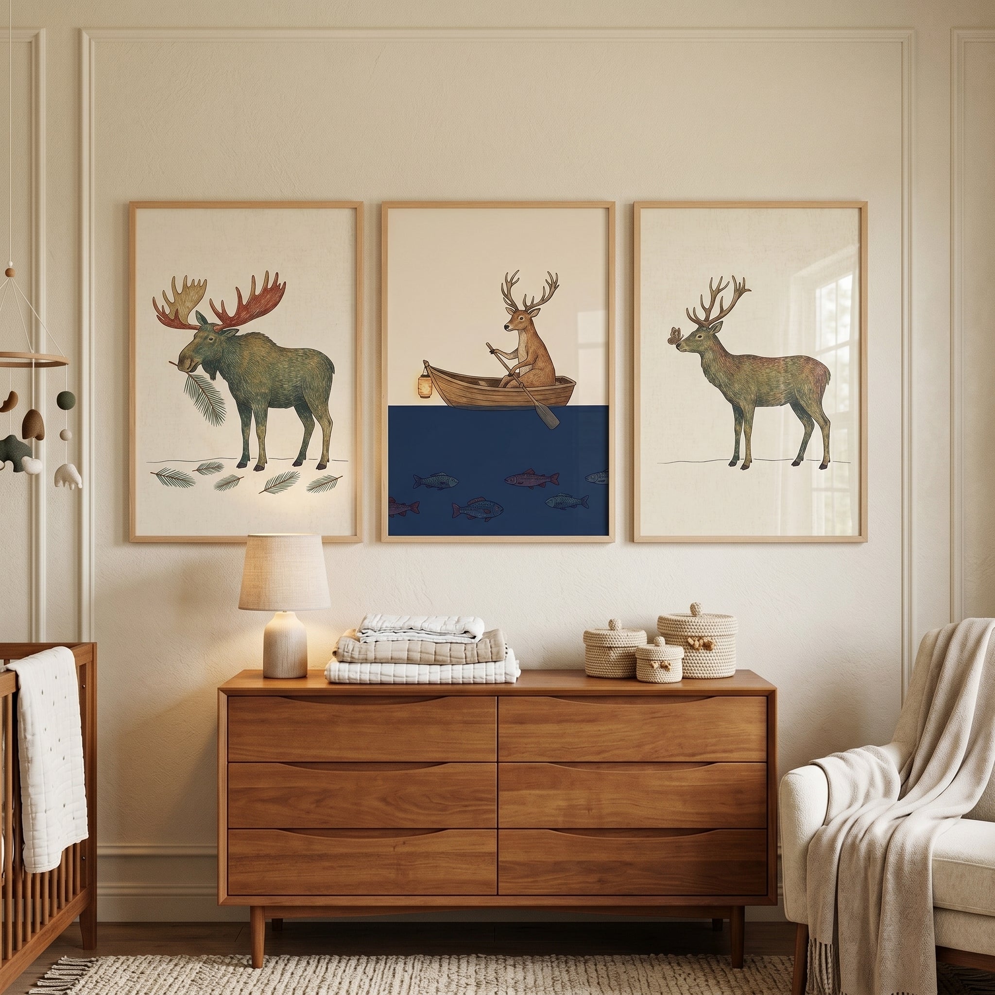 Whimsical Antlered Forest Animals Wall Art Set of 3 - Whimsical Forest Tales