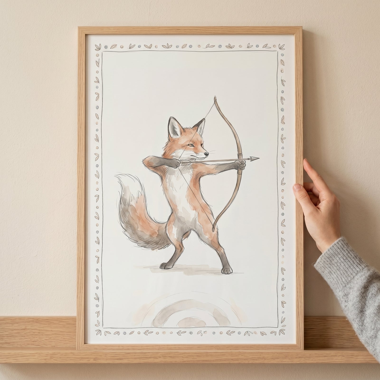 Whimsical archer fox artwork in a light wooden frame held by a person over a shelf against a neutral wall.