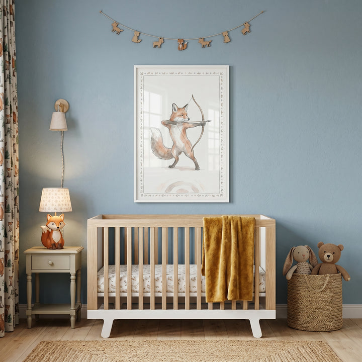 Blue nursery featuring a wood crib, fox lamp, and whimsical archer fox artwork framed on the wall.