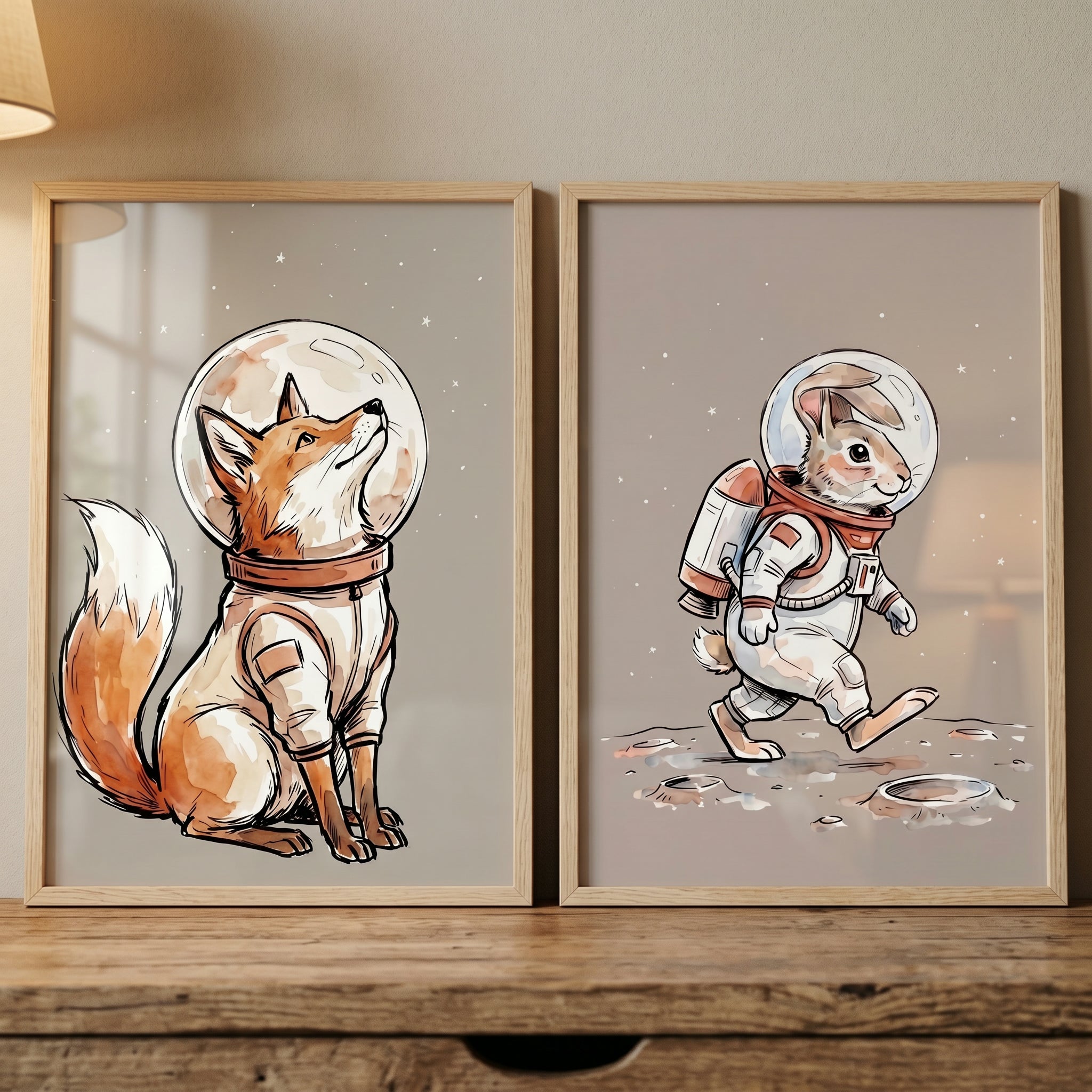 Whimsical Astronaut Animals Wall Art Set of 2 - Cosmic Animal Explorers