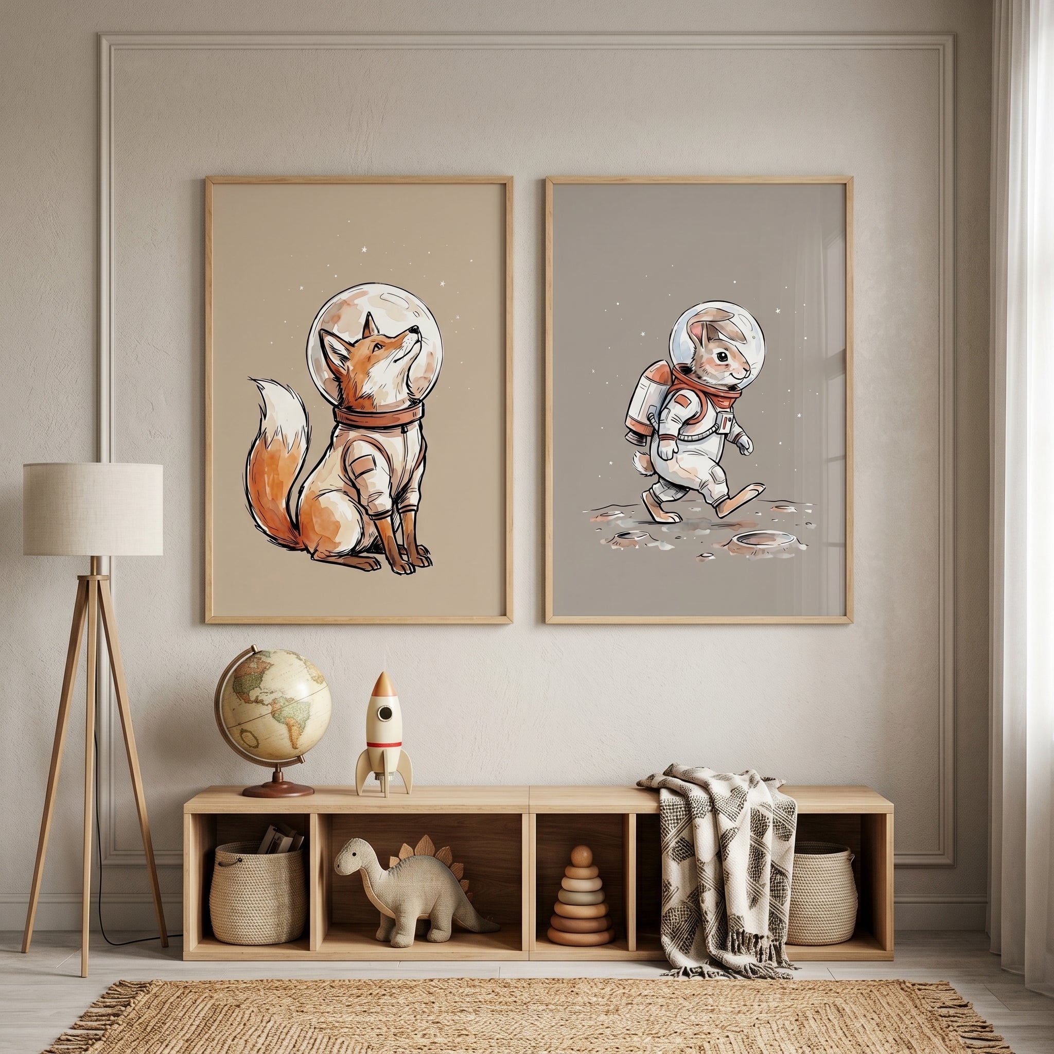 Whimsical Astronaut Animals Wall Art Set of 2 - Cosmic Animal Explorers