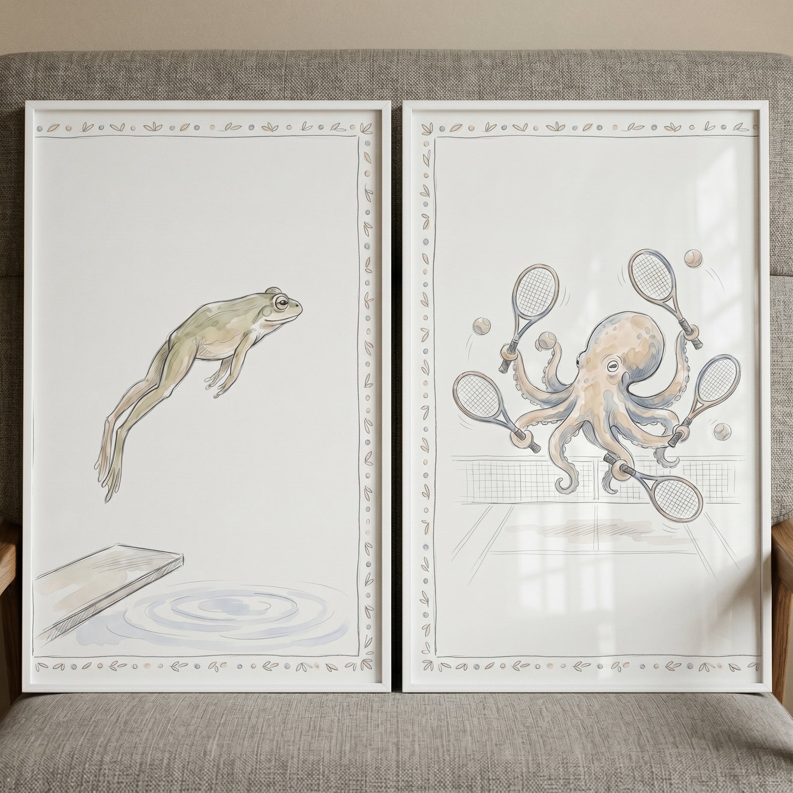 Whimsical athletic animals wall art set of 2 featuring a diving frog and an octopus playing tennis.