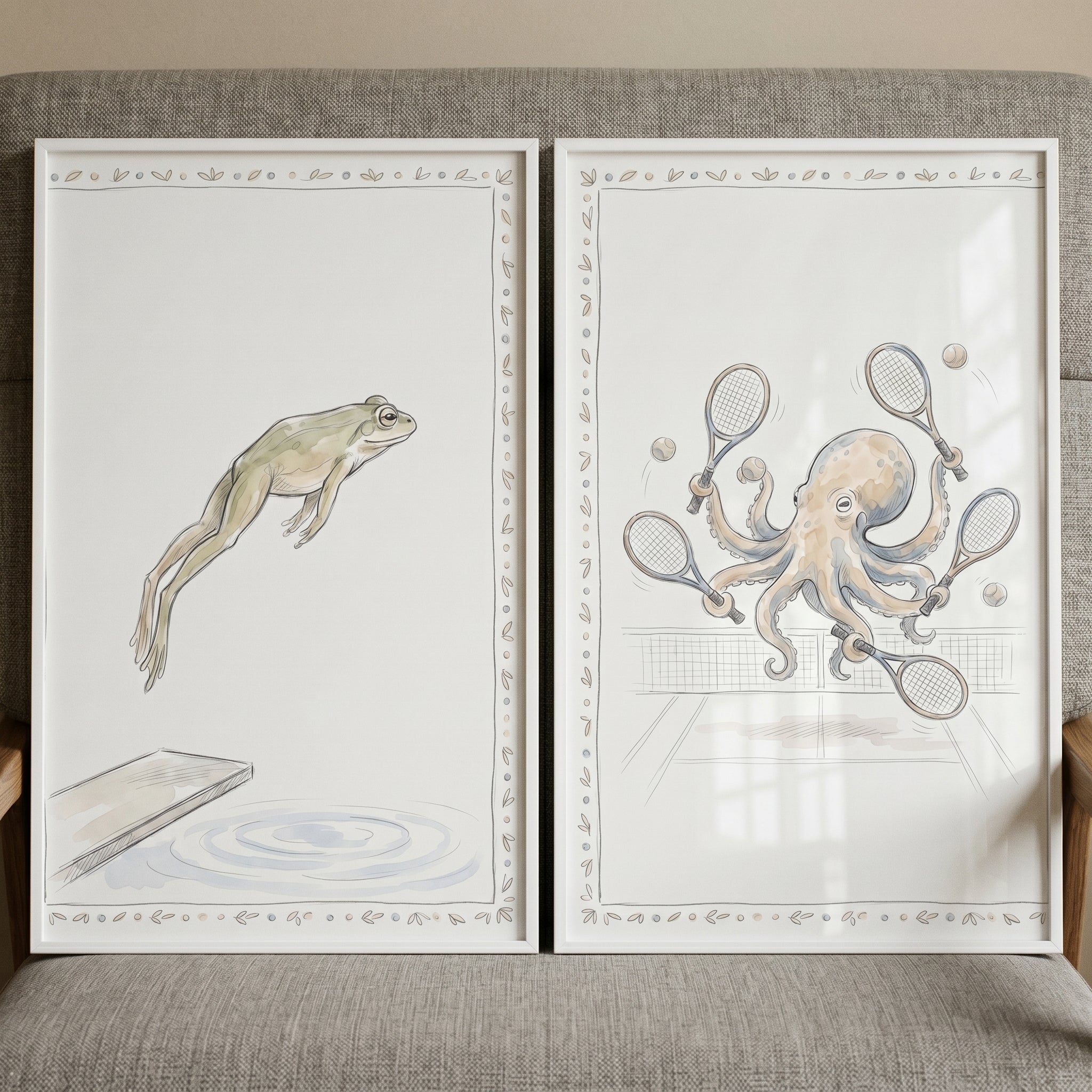 Whimsical Athletic Animals Wall Art Set of 2 - Playful Aquatic Athletes