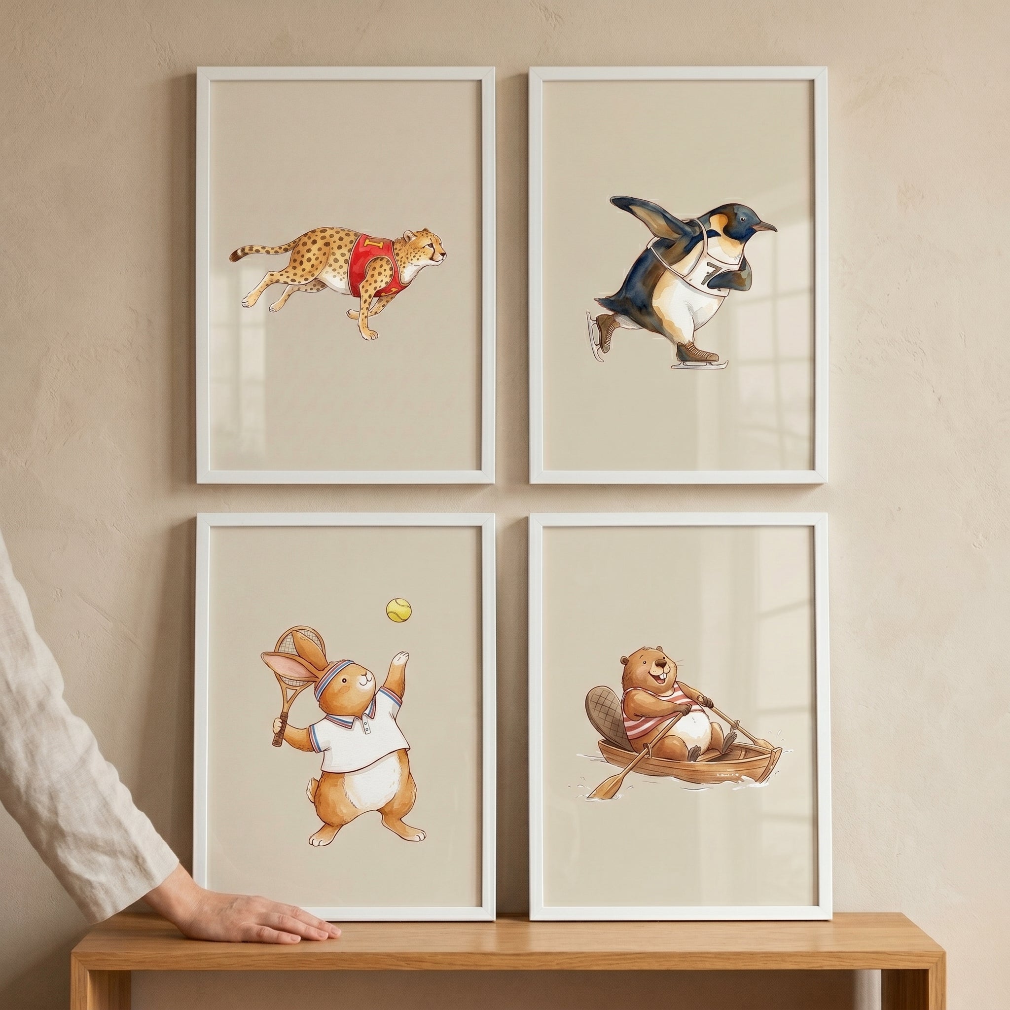 Whimsical Athletic Watercolor Animals Wall Art Set of 4 - Athletic Animal Pals