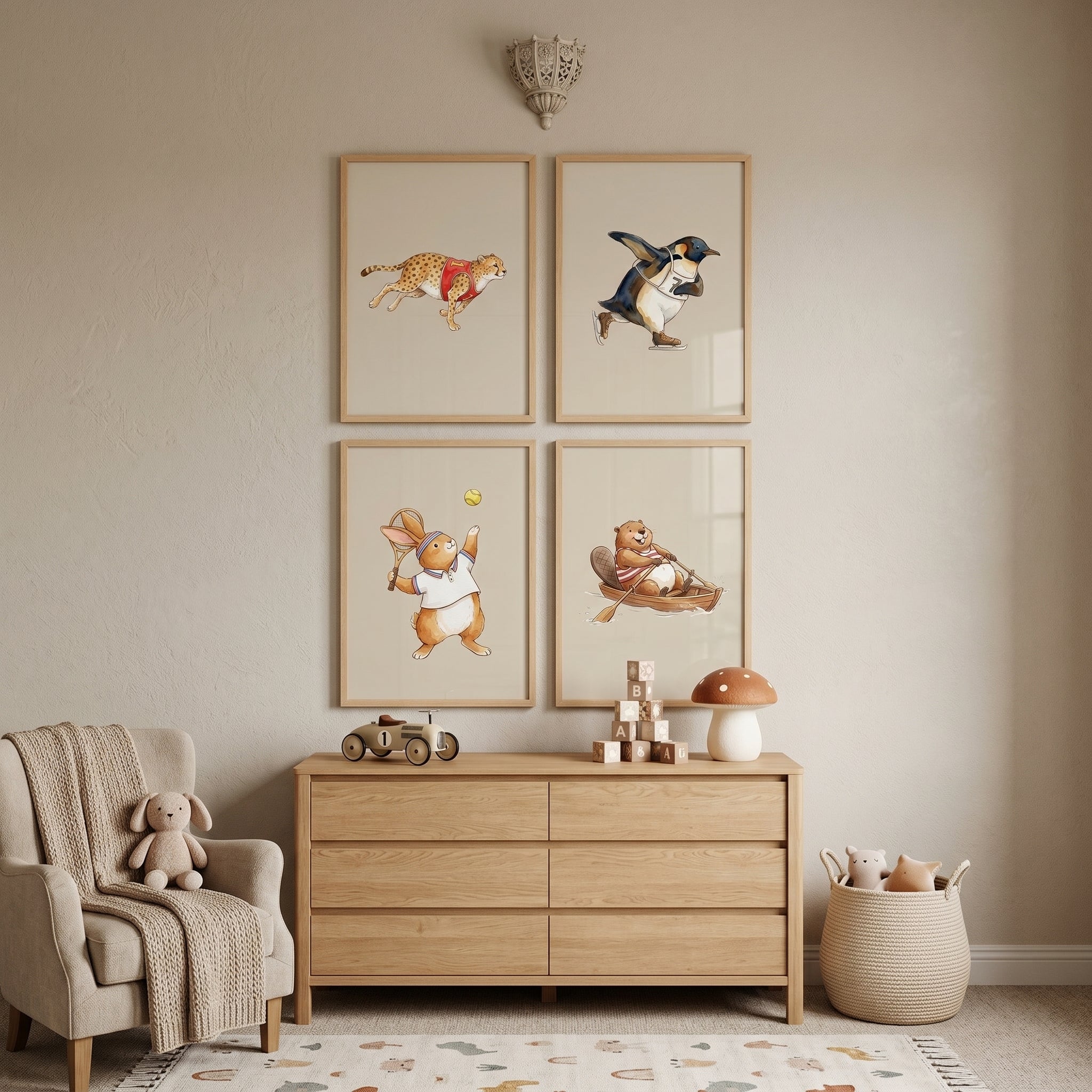 Whimsical Athletic Watercolor Animals Wall Art Set of 4 - Athletic Animal Pals