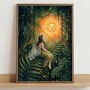 A framed fantasy illustration of a fairy with delicate wings sitting among lush green foliage in a glowing forest, gazing up at a radiant sun with a serene face, surrounded by warm golden lights and firefly-like sparkles in a rich, storybook style.