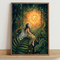 A framed fantasy illustration of a fairy with delicate wings sitting among lush green foliage in a glowing forest, gazing up at a radiant sun with a serene face, surrounded by warm golden lights and firefly-like sparkles in a rich, storybook style.