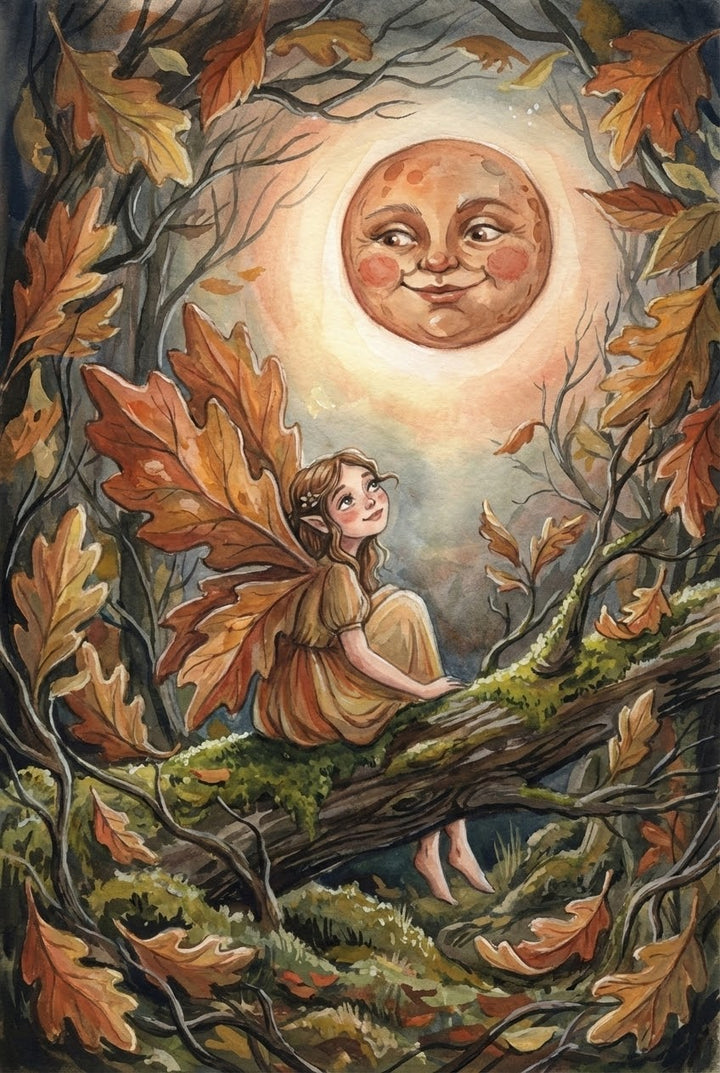 A whimsical autumn illustration of a small fairy with leaf-like wings sitting on a moss-covered tree branch, surrounded by warm-toned falling leaves and bare branches, looking up at a glowing moon with a gentle, smiling face in a softly painted woodland scene.