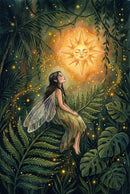 magical forest illustration of a fairy with translucent wings sitting among large green leaves, gazing up at a glowing, smiling sun, surrounded by warm golden sparkles and firefly-like lights in a lush, dreamlike scene.