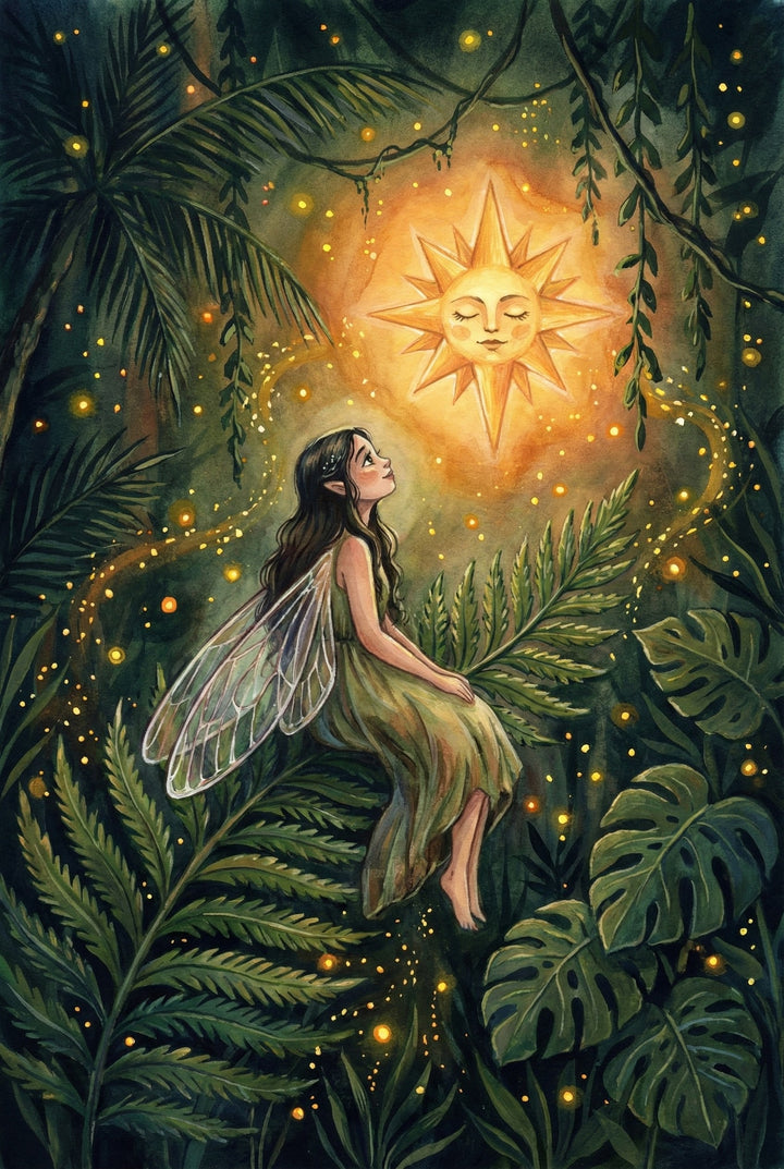 magical forest illustration of a fairy with translucent wings sitting among large green leaves, gazing up at a glowing, smiling sun, surrounded by warm golden sparkles and firefly-like lights in a lush, dreamlike scene.