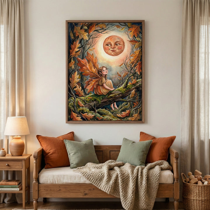 A warm, cozy living space with a wooden bench-style sofa and autumn-toned pillows, featuring a framed fairy illustration above it that shows a leaf-winged fairy sitting on a tree branch beneath a smiling moon, complemented by soft curtains, a side table with a lamp, and natural, earthy decor.