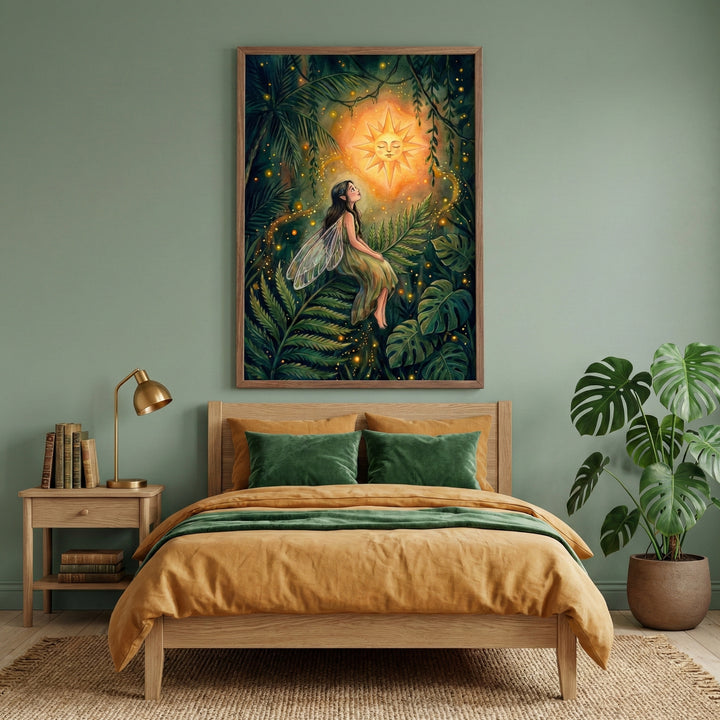 A serene bedroom styled in green and warm earth tones, featuring a wooden bed with mustard and green bedding, a potted monstera plant, and a framed fantasy artwork above the bed showing a fairy in a lush forest gazing up at a glowing sun surrounded by golden lights.