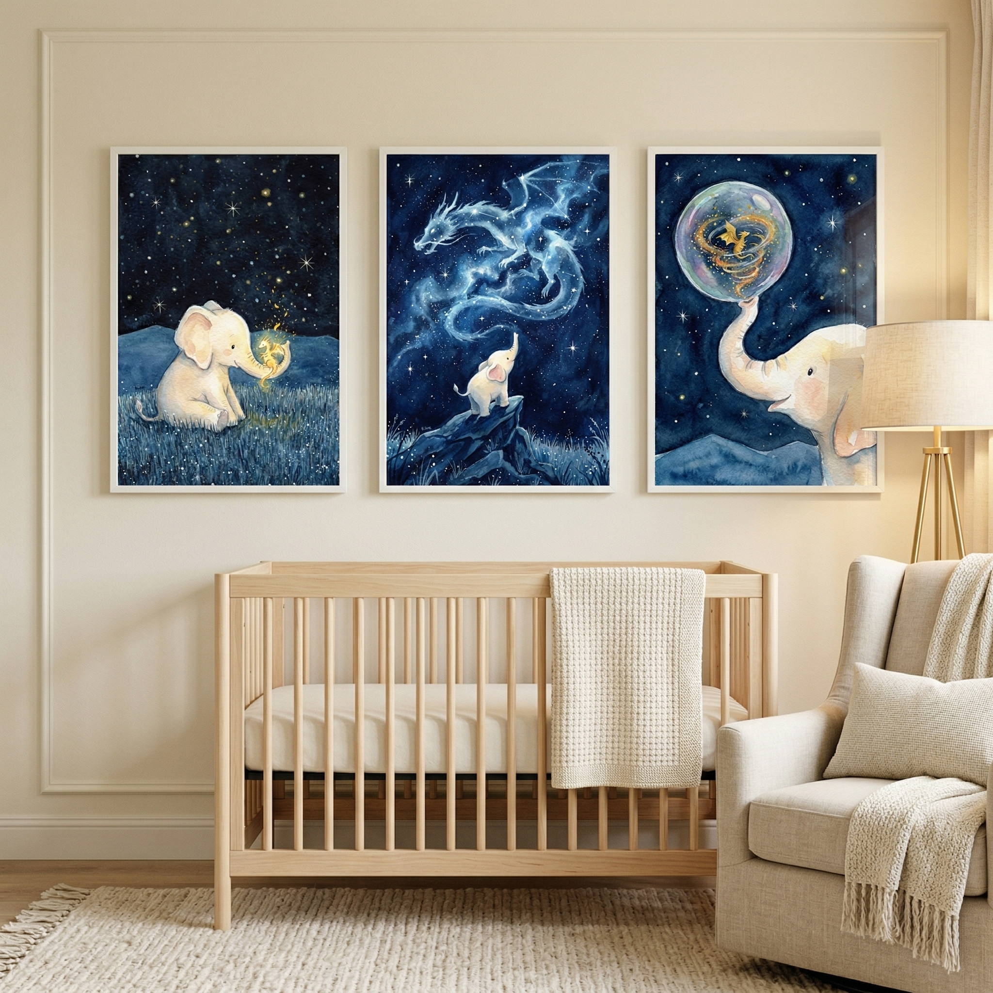 Whimsical Baby Elephant Wall Art Set of 3 - Stardust Dragon Tales