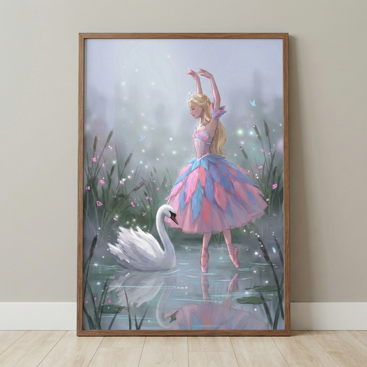 Vertical framed artwork depicting a blonde ballerina in a layered pink and blue feathery tutu. She is shown in a graceful dance pose with her arms raised, standing on the surface of a misty pond. Beside her, a large white swan floats peacefully, its reflection visible in the water. The background features tall reeds, lily pads, and soft, glowing light particles scattered throughout the air. The scene is rendered in a soft, whimsical illustrative style with a pastel color palette.