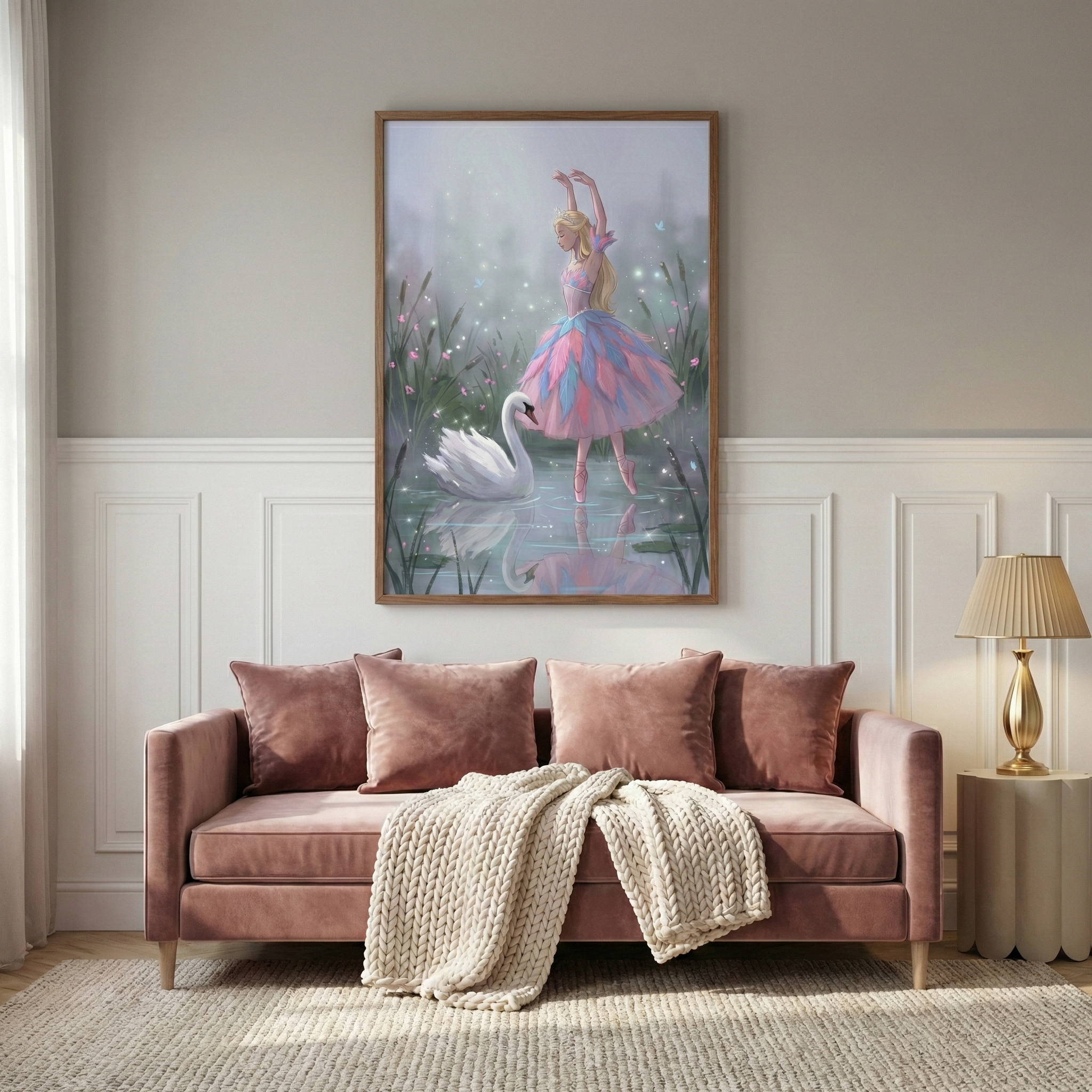 A cozy living room features a dusty pink velvet sofa decorated with matching pillows and a chunky cream-colored knit blanket. Hanging on the light gray wall above the sofa is a large wooden-framed illustration showing a blonde ballerina in a vibrant pink and blue feathery dress dancing next to a white swan in a misty pond. The room includes white wainscoting, a gold lamp on a fluted side table, and a light-colored woven rug.