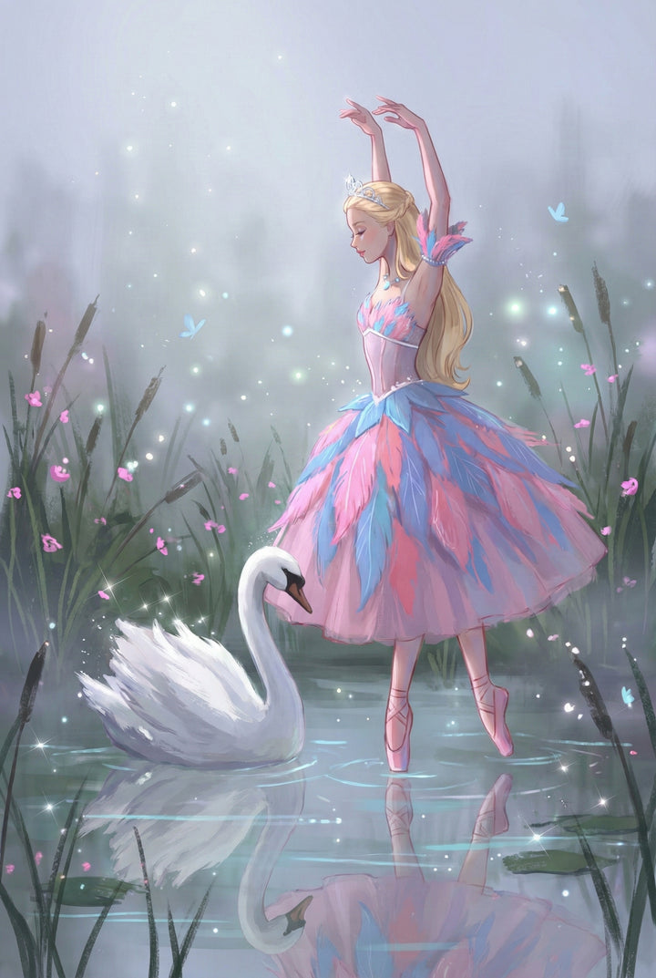 A ballerina in a pastel feathered dress stands en pointe in shallow water beside a white swan. Reeds and mist frame the scene while her reflection shimmers below, echoing the quiet elegance of the moment.

