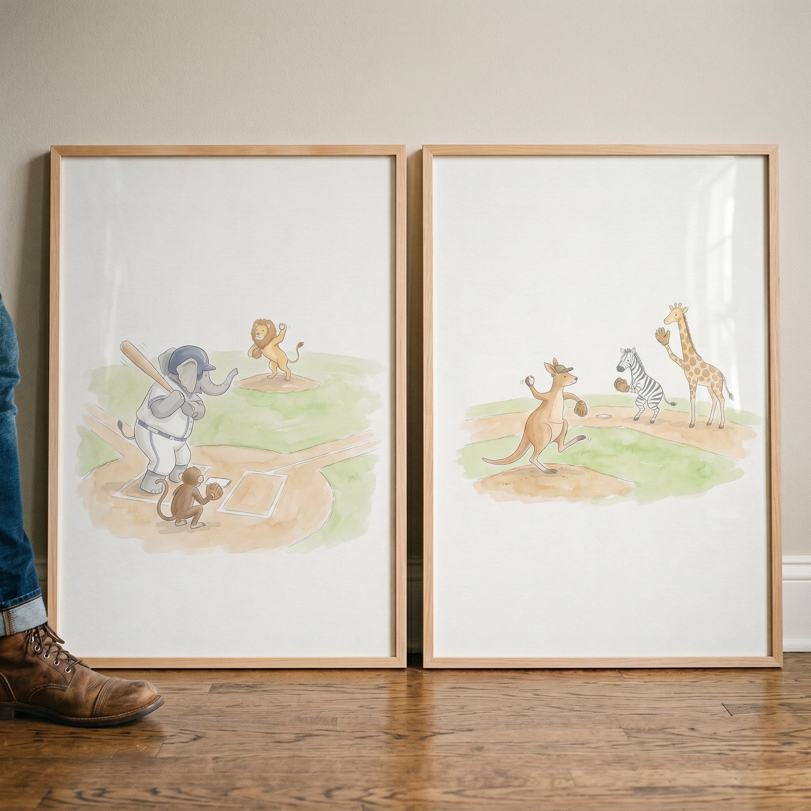 Whimsical baseball safari animals wall art set of 2 featuring an elephant at bat and a kangaroo pitcher on a field.