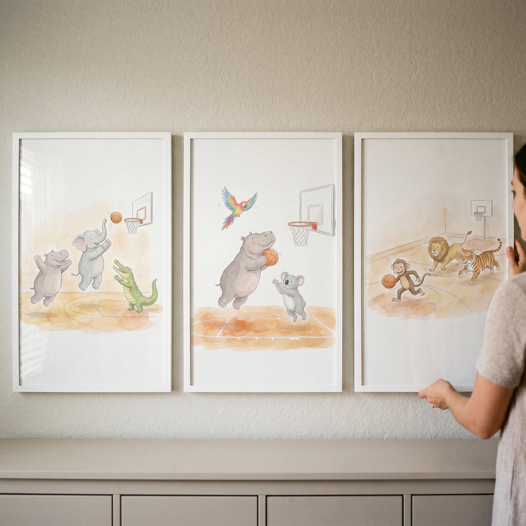 Whimsical Basketball Safari Animals Wall Art Set of 3 - Jungle Hoops Fun