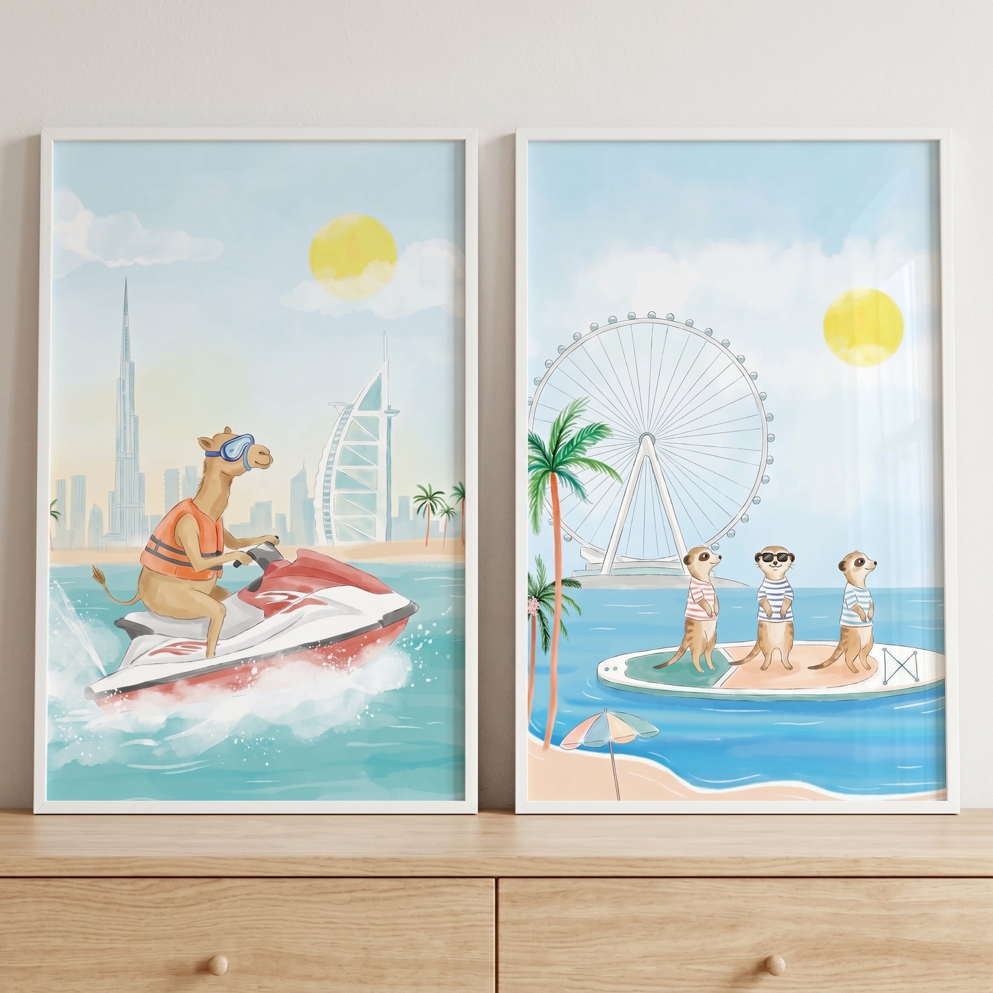 Whimsical Beach Vacation Animal Wall Art Set of 2 - Desert Wave Riders