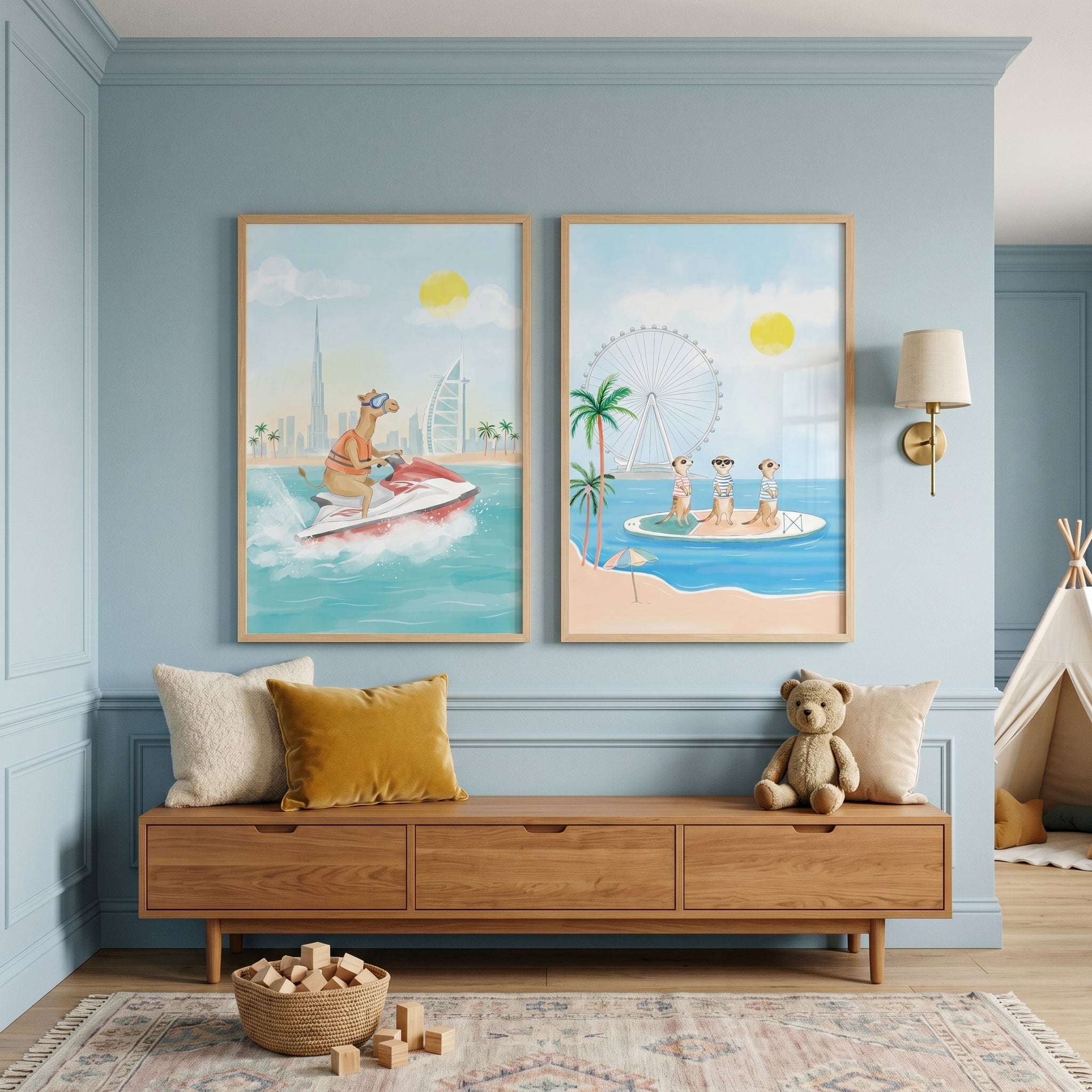 Whimsical Beach Vacation Animal Wall Art Set of 2 - Desert Wave Riders