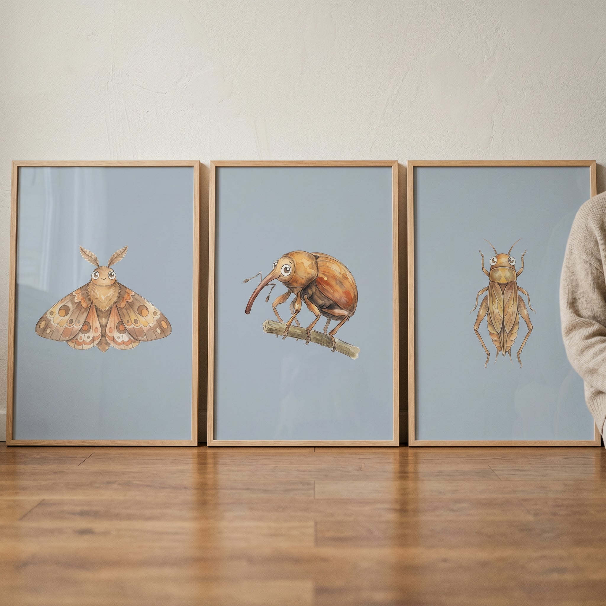 Whimsical Blue Bug Artwork Set of 3 - Whimsical Insect Trio