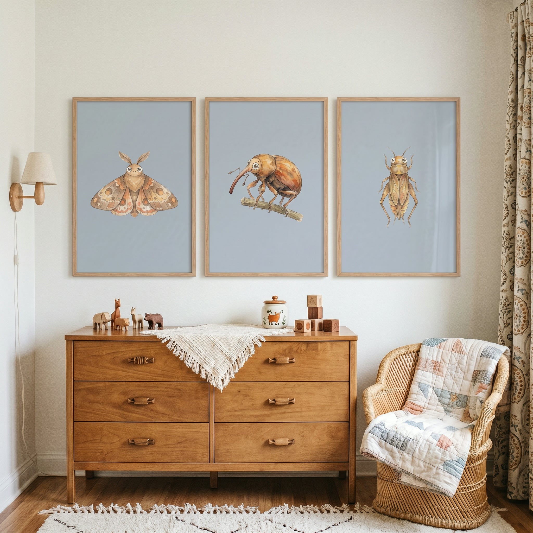 Whimsical Blue Bug Artwork Set of 3 - Whimsical Insect Trio