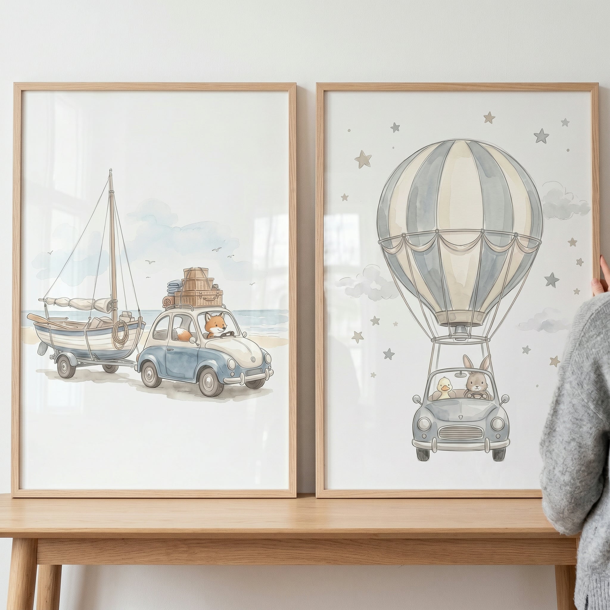 Whimsical Blue Car Animals Wall Art Set Of 2 - Dreamy Journey Duo