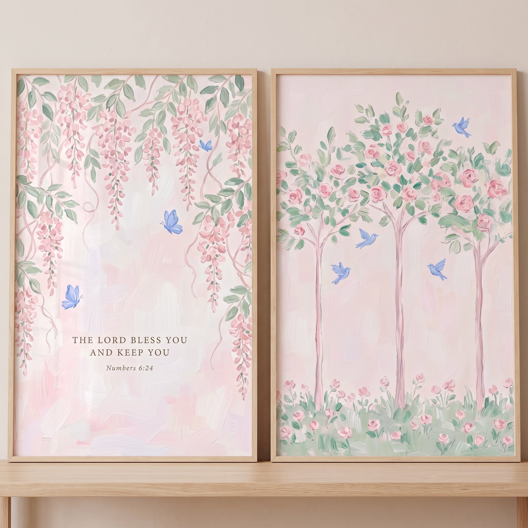 Whimsical Blue Creature Garden Wall Art Set of 2 - Serene Garden Blessing