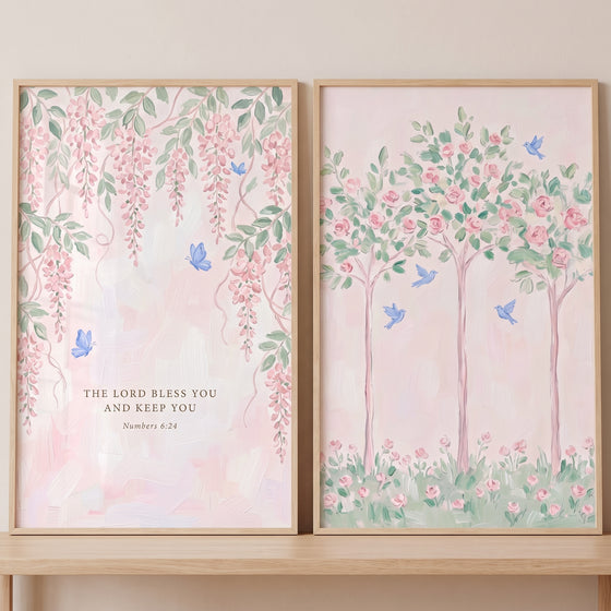 Whimsical blue creature garden wall art set of 2 with pink floral designs, birds, butterflies, and a Bible verse.