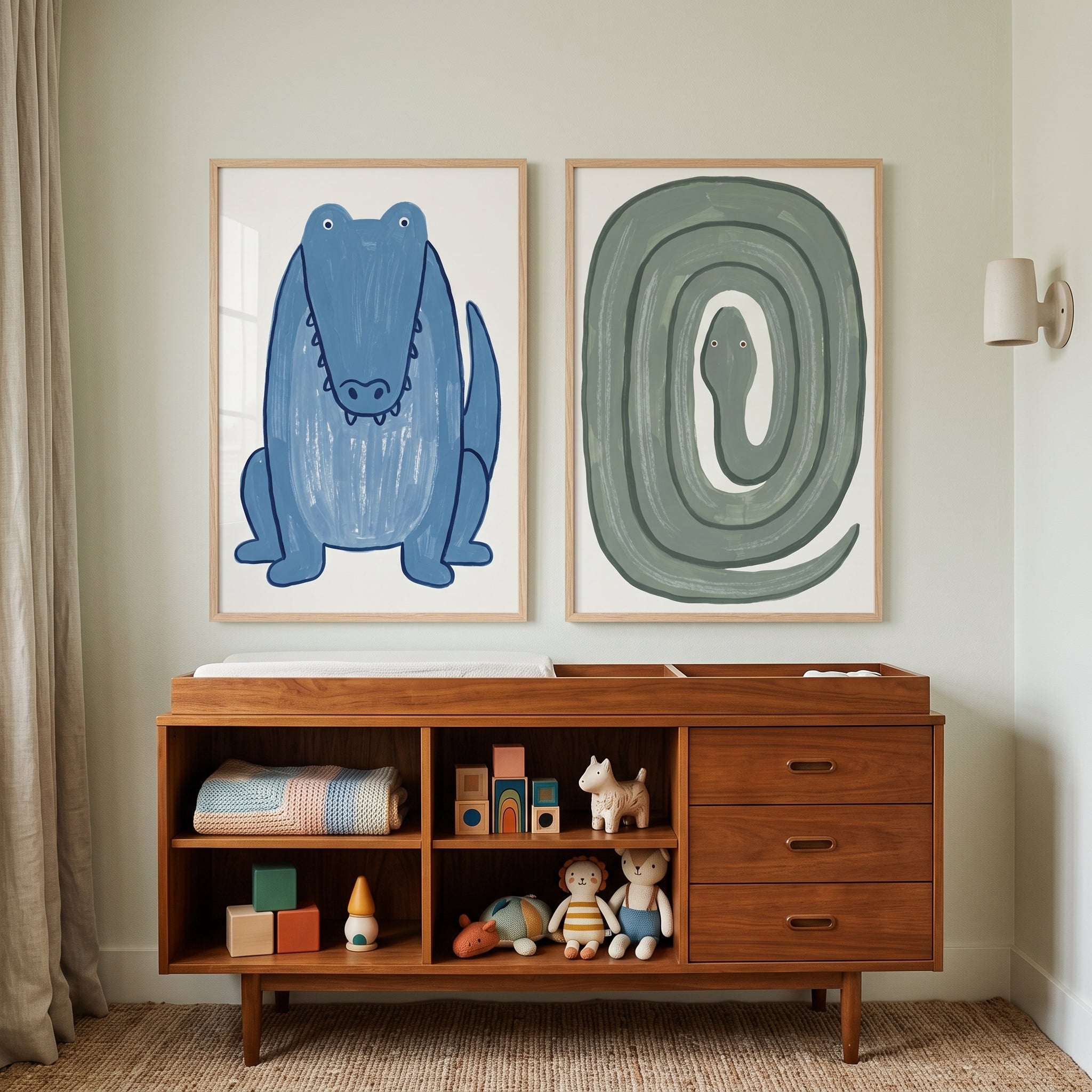 Whimsical Blue Green Reptile Animals Print Set Of 2 - Friendly Scaly Pair