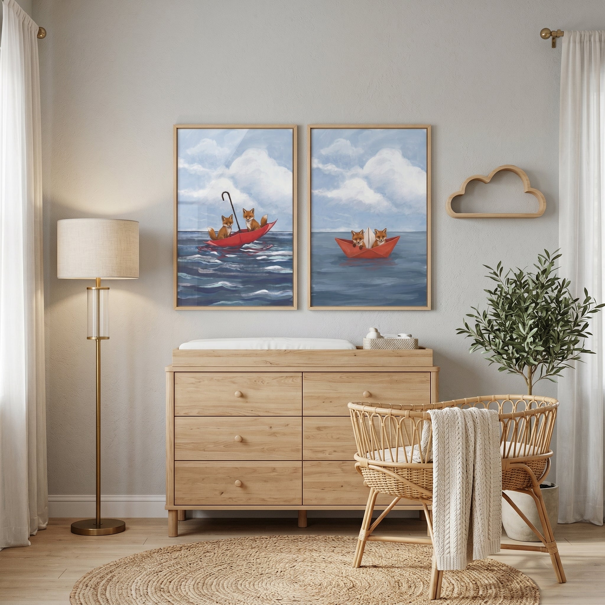 Whimsical Blue Ocean Foxes Wall Art Set of 2 - Fox Sea Voyage