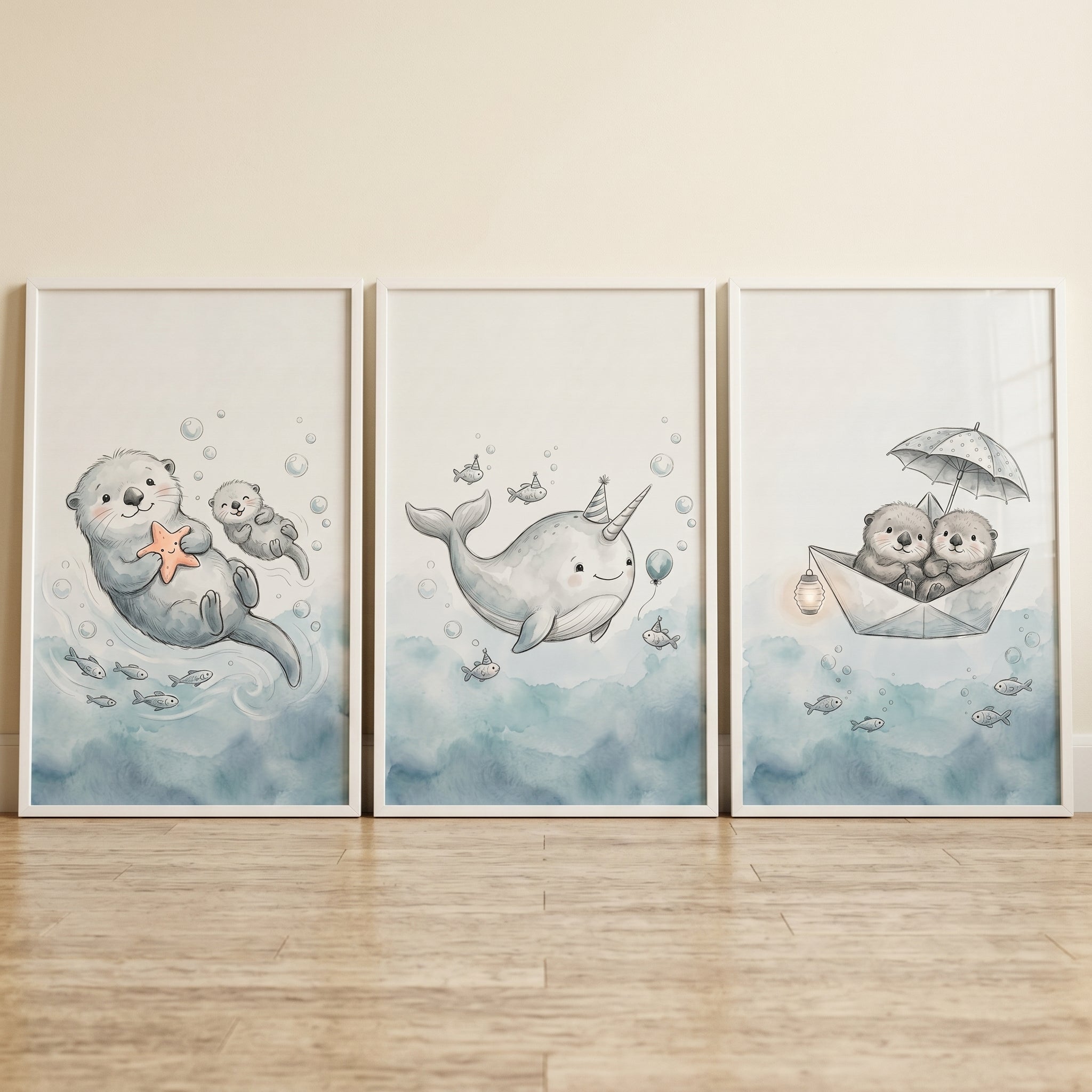 Whimsical Blue Sea Animal Wall Art Set Of 3 - Sweet Nautical Dreams