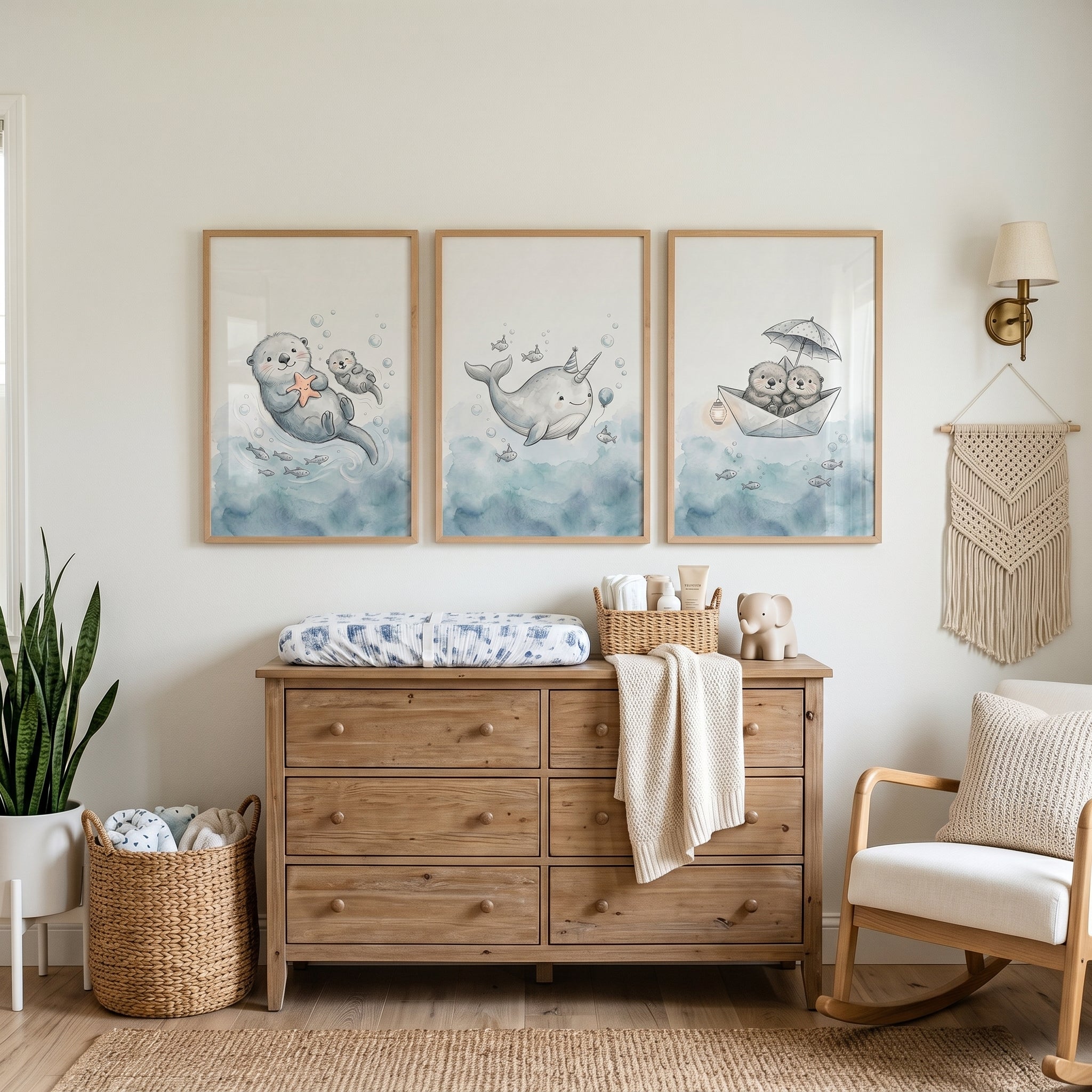 Whimsical Blue Sea Animal Wall Art Set Of 3 - Sweet Nautical Dreams